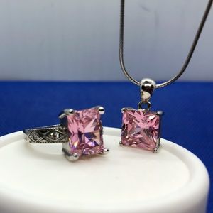 Glamour Pink CZ in 925 Silver Ring & Necklace